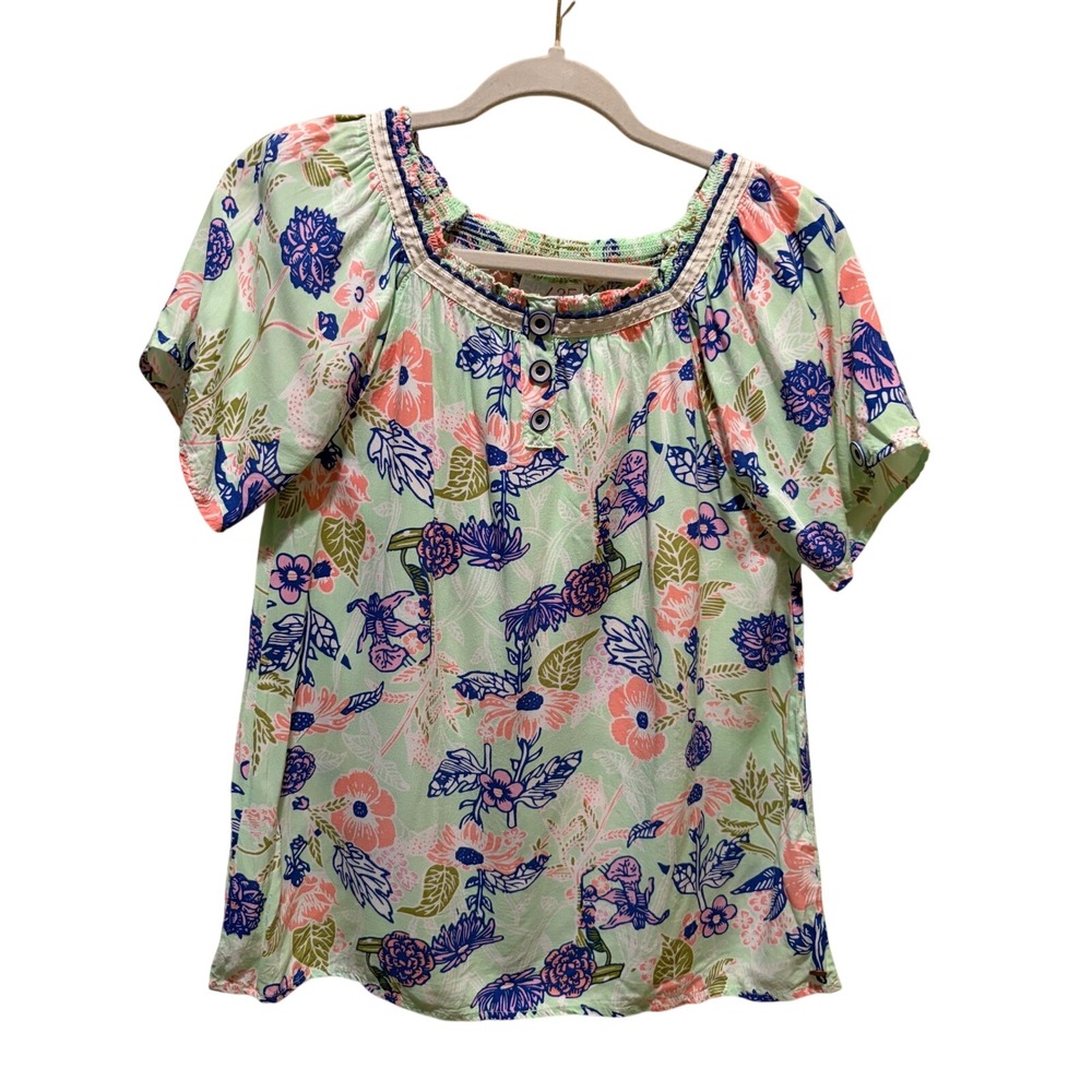 Matilda Jane 435 Girls Mint Green Floral Rayon Blouse Short Sleeve Top Size 16